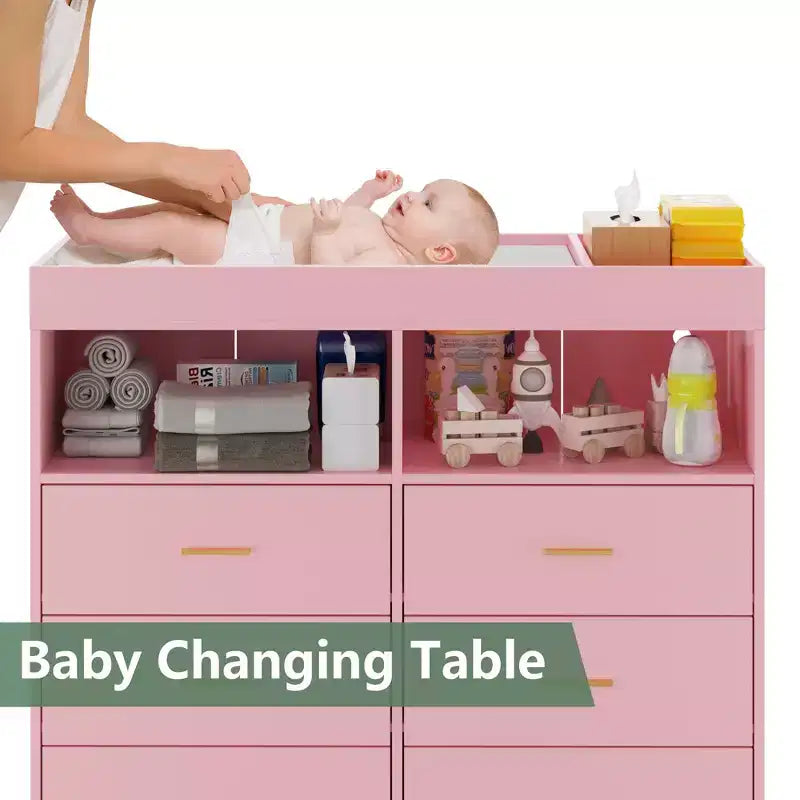 Commode de chambre avec plan à langer, commode à langer bébé à 6 tiroirs avec étagères ouvertes