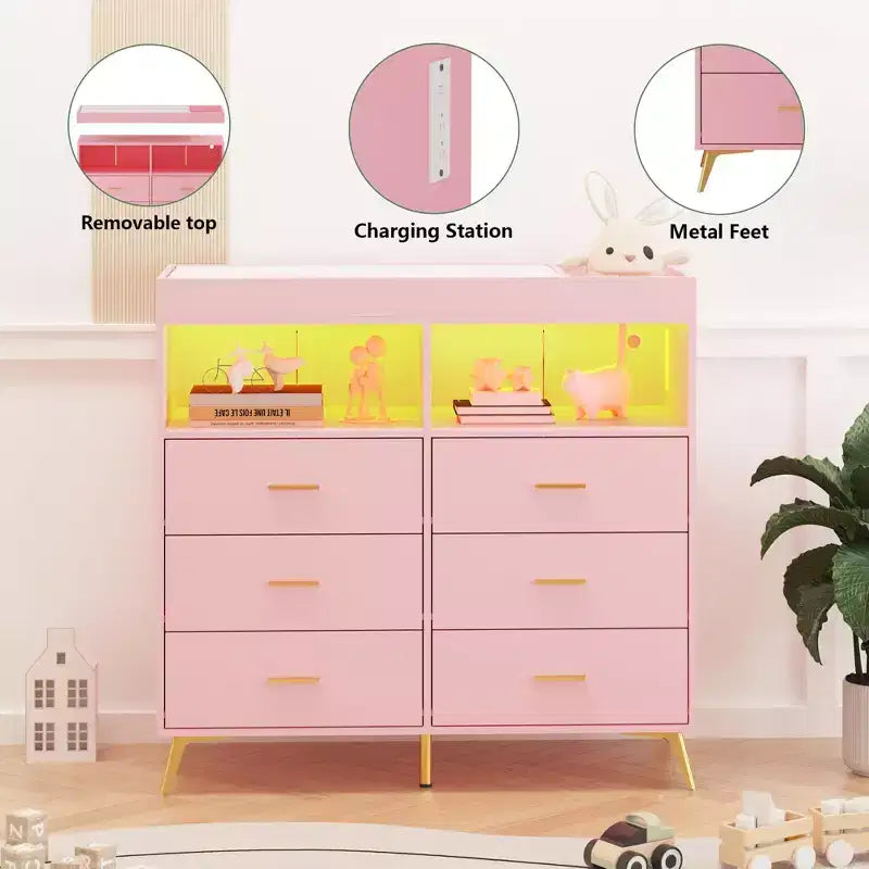 Commode de chambre avec plan à langer, commode à langer bébé à 6 tiroirs avec étagères ouvertes