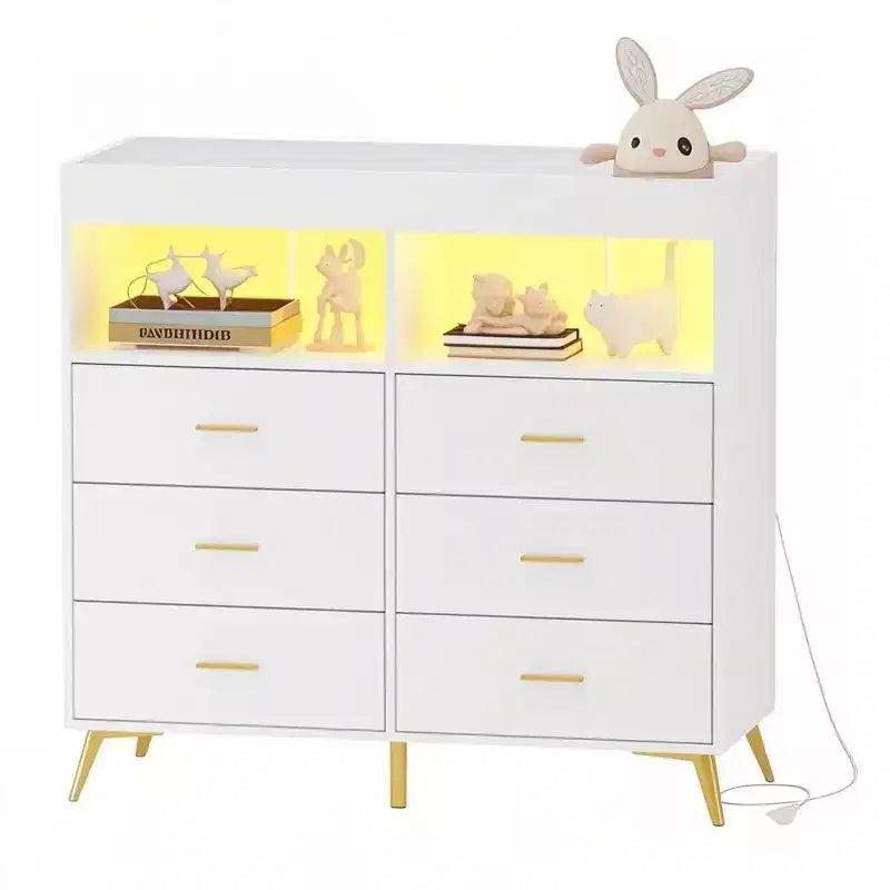 Commode de chambre avec plan à langer, commode à langer bébé à 6 tiroirs avec étagères ouvertes