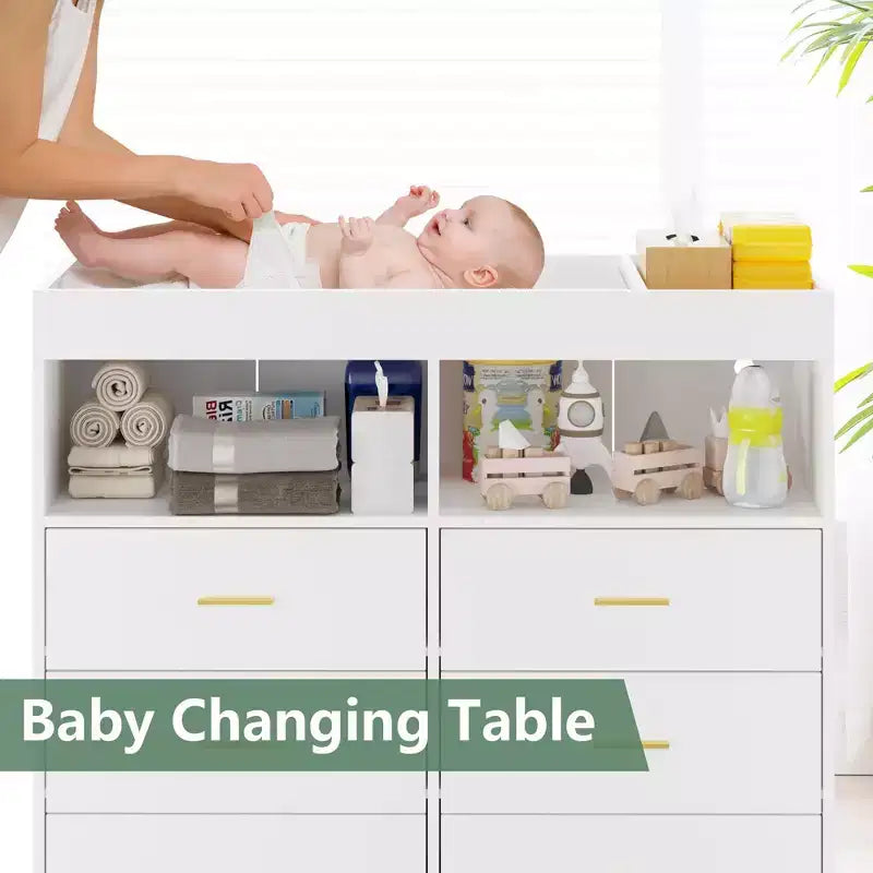Commode de chambre avec plan à langer, commode à langer bébé à 6 tiroirs avec étagères ouvertes