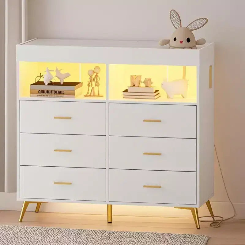 Commode de chambre avec plan à langer, commode à langer bébé à 6 tiroirs avec étagères ouvertes