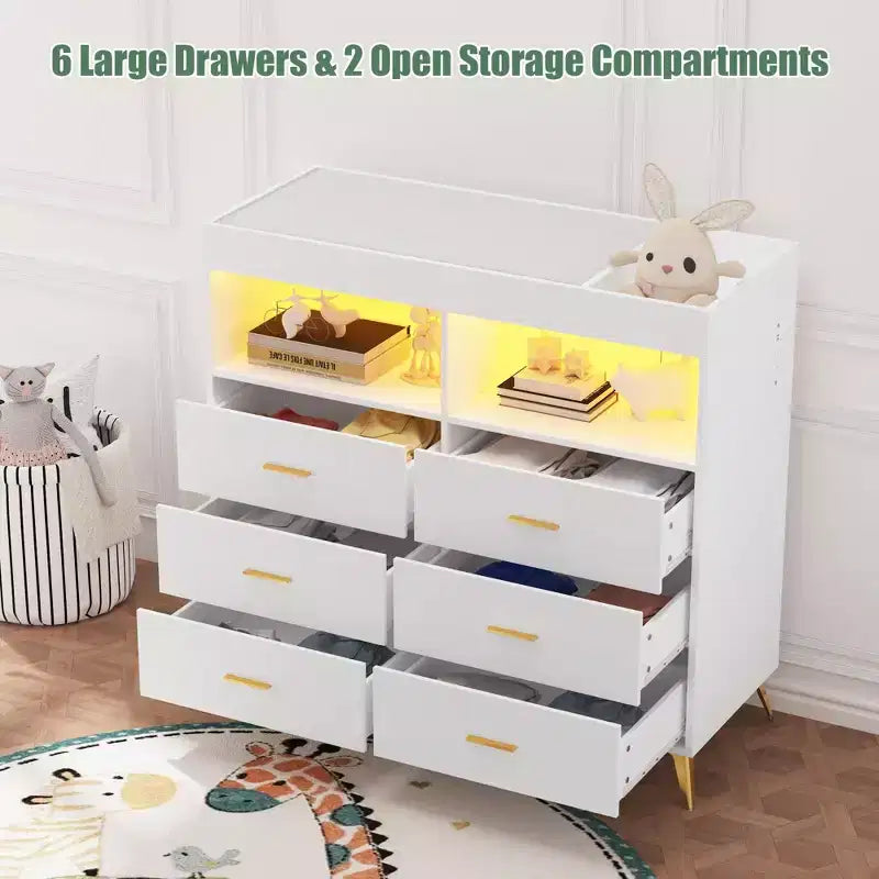 Commode de chambre avec plan à langer, commode à langer bébé à 6 tiroirs avec étagères ouvertes