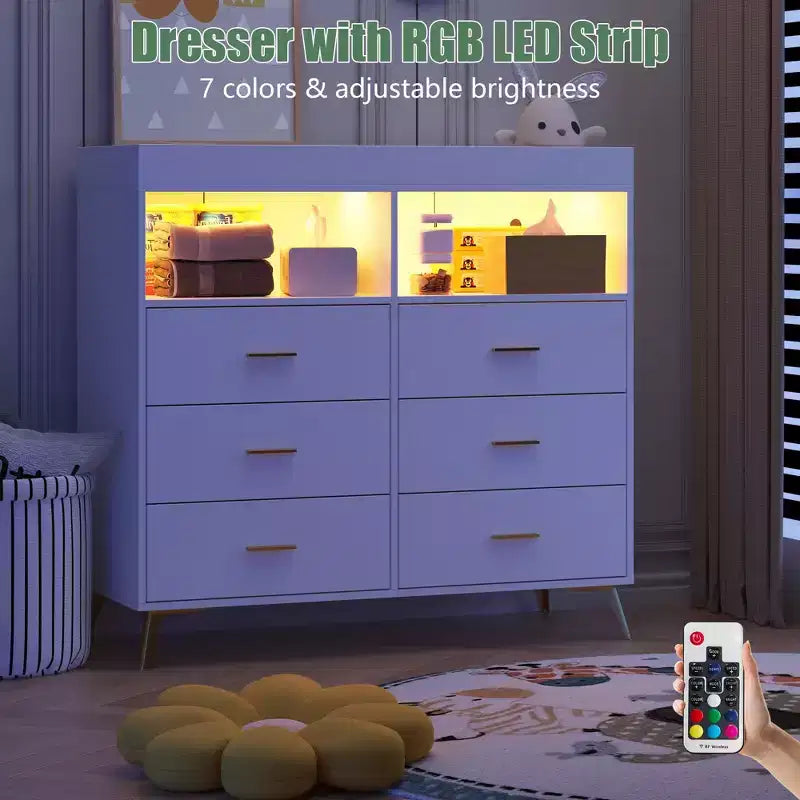 Commode de chambre avec plan à langer, commode à langer bébé à 6 tiroirs avec étagères ouvertes