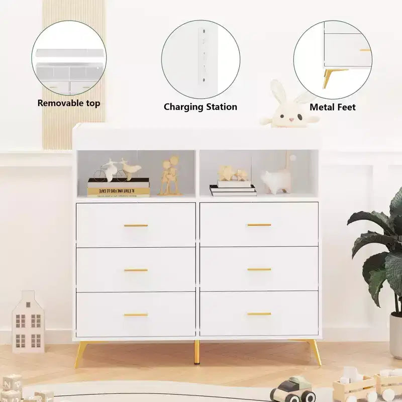 Commode de chambre avec plan à langer, commode à langer bébé à 6 tiroirs avec étagères ouvertes