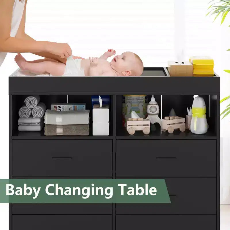 Commode de chambre avec plan à langer, commode à langer bébé à 6 tiroirs avec étagères ouvertes
