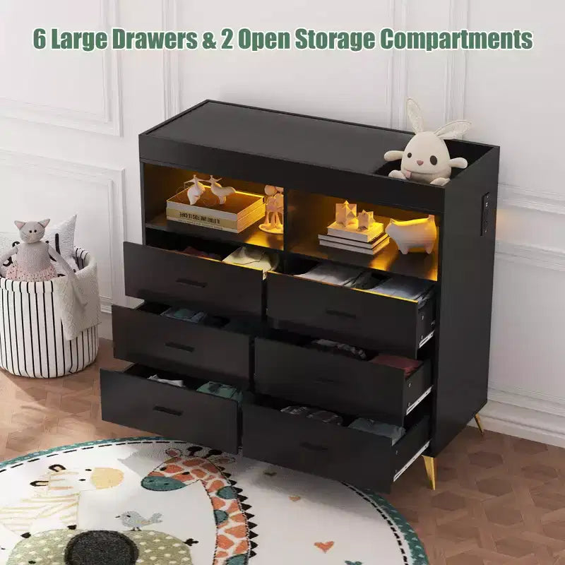 Commode de chambre avec plan à langer, commode à langer bébé à 6 tiroirs avec étagères ouvertes