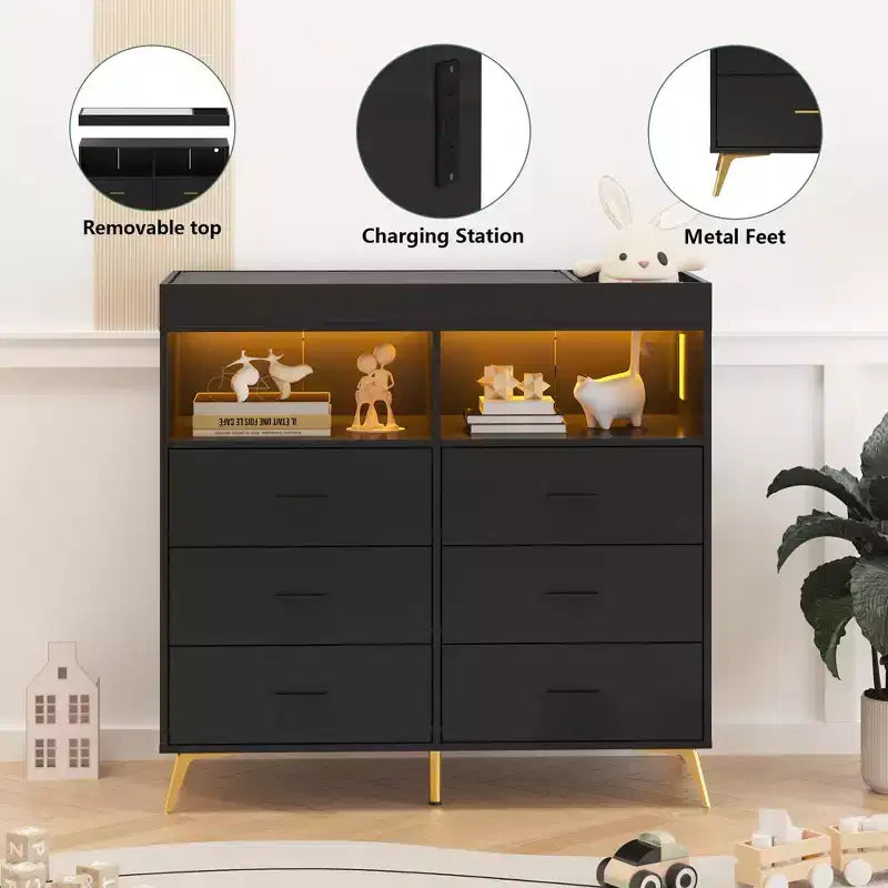 Commode de chambre avec plan à langer, commode à langer bébé à 6 tiroirs avec étagères ouvertes