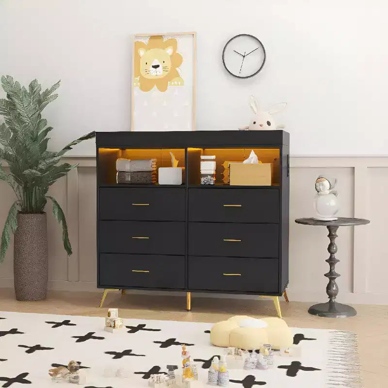 Commode de chambre avec plan à langer, commode à langer bébé à 6 tiroirs avec étagères ouvertes