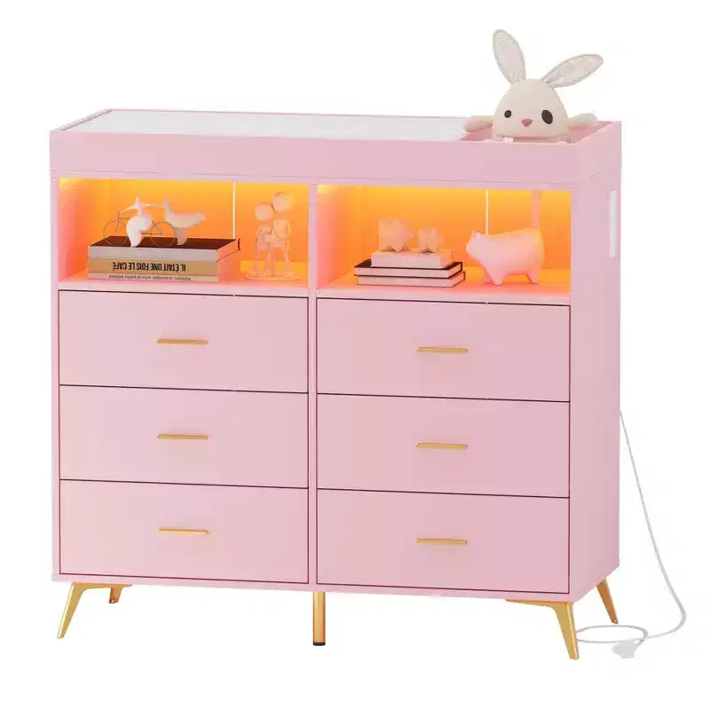 Commode de chambre avec plan à langer, commode à langer bébé à 6 tiroirs avec étagères ouvertes