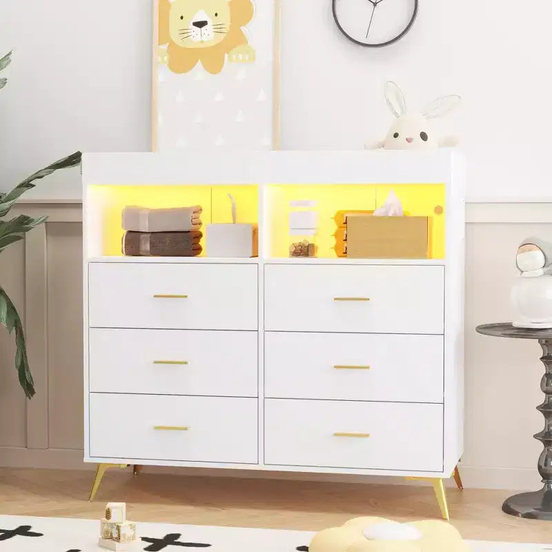 Commode de chambre avec plan à langer, commode à langer bébé à 6 tiroirs avec étagères ouvertes
