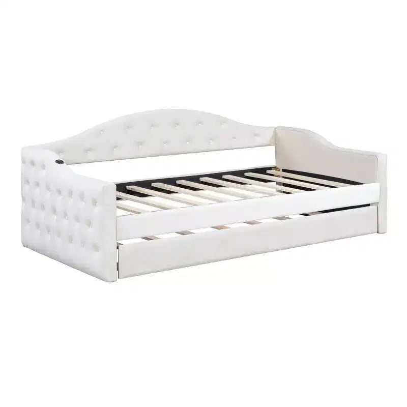 Lit de repos rembourré capitonné avec tiroir-gigogne, ports de charge USB et Type-C, cadre en bois, pas besoin de sommier tapissier, revêtement en velours, format simple