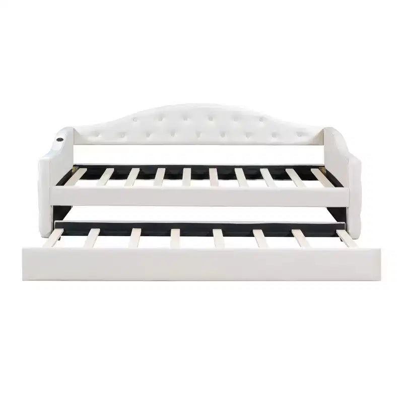 Lit de repos rembourré capitonné avec tiroir-gigogne, ports de charge USB et Type-C, cadre en bois, pas besoin de sommier tapissier, revêtement en velours, format simple