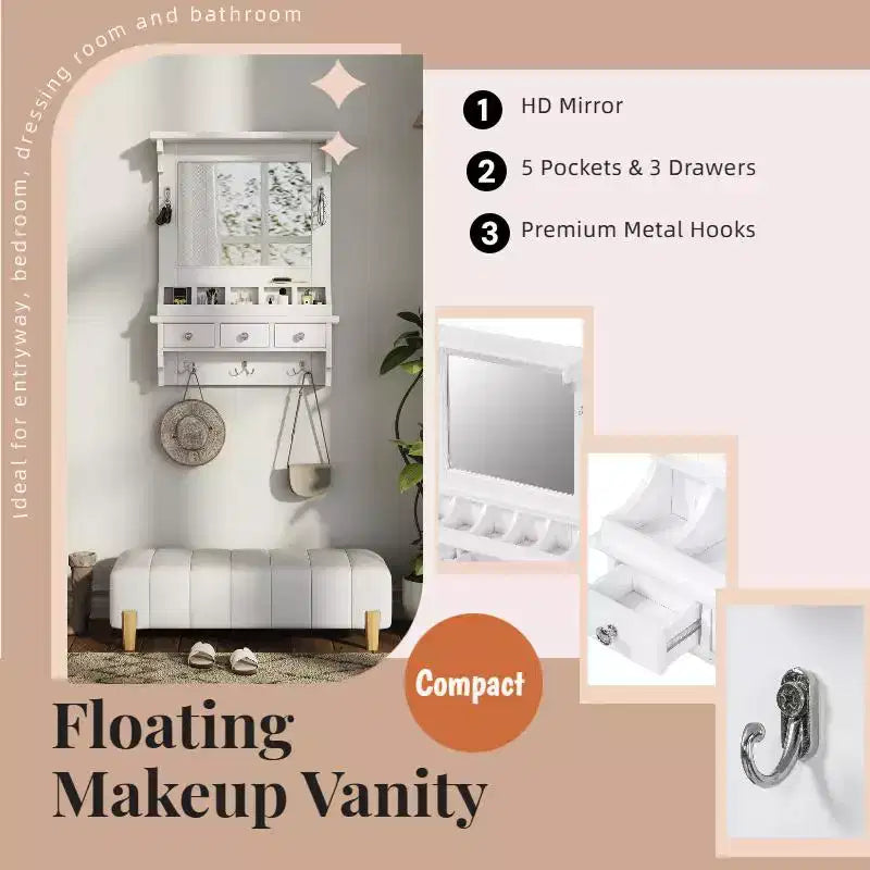 Coiffeuse flottante polyvalente avec miroir, 3 tiroirs, 5 poches et 5 crochets