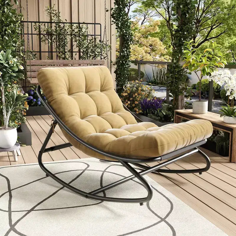 Fauteuil à bascule Papasan surdimensionné couleur fauve, capacité de 204 kg, fauteuil coquille en fer avec revêtement électronique et coussin, pour usage intérieur/extérieur (salon/terrasse/jardin)
