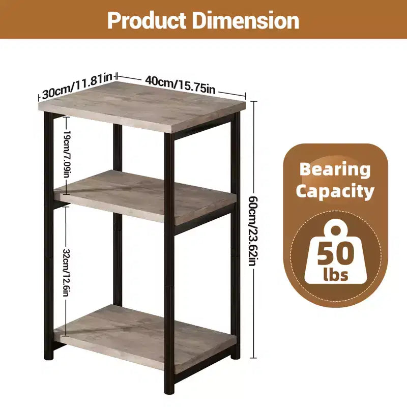 Table d'appoint rustique à 3 niveaux – Table d'appoint étroite peu encombrante avec étagères de rangement – Table de chevet fine pour salon, chambre à coucher, gris