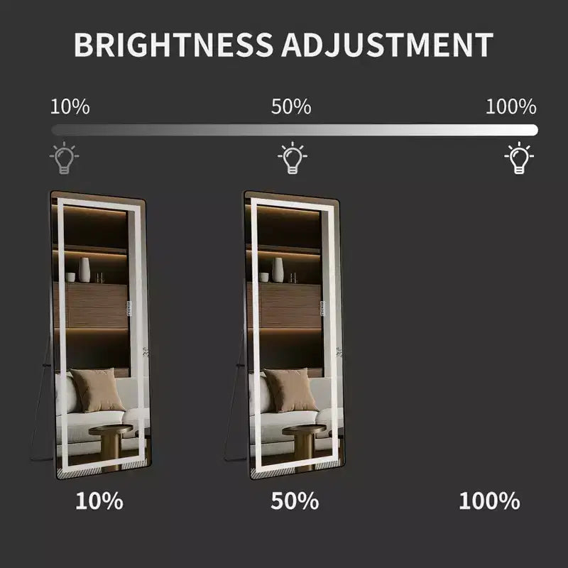 Miroir moderne pleine longueur avec LED réglables, miroir mural et autoportant pour salon, noir