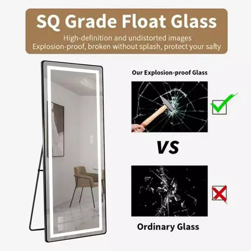 Miroir moderne pleine longueur avec LED réglables, miroir mural et autoportant pour salon, noir