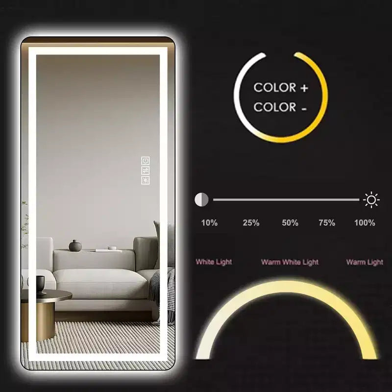 Miroir moderne pleine longueur avec LED réglables, miroir mural et autoportant pour salon, noir
