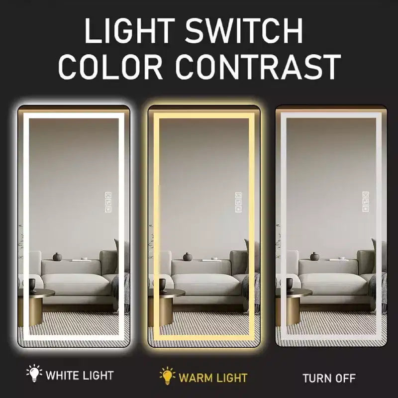 Miroir moderne pleine longueur avec LED réglables, miroir mural et autoportant pour salon, noir