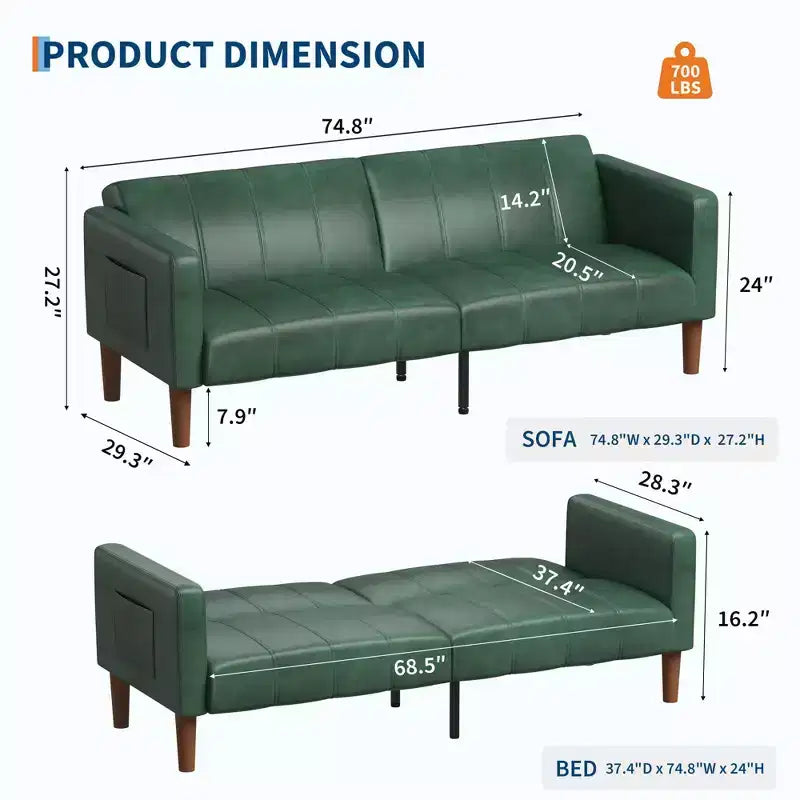 Canapé-lit futon 75 po, convertible, en similicuir, petit canapé, causeuse, canapé de style moderne du milieu du siècle pour salon et chambre à coucher