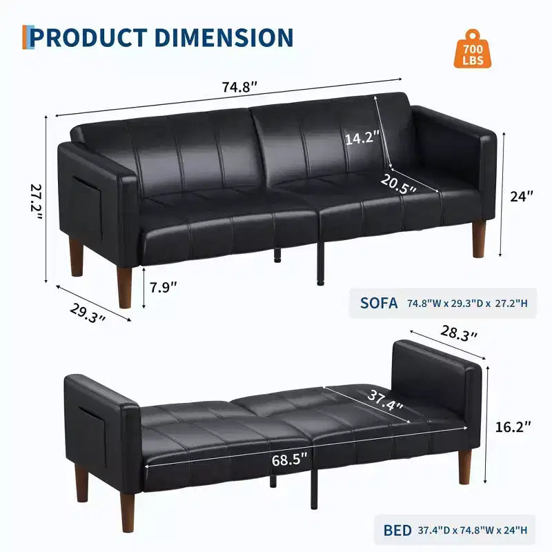 Canapé-lit futon 75 po, convertible, en similicuir, petit canapé, causeuse, canapé de style moderne du milieu du siècle pour salon et chambre à coucher