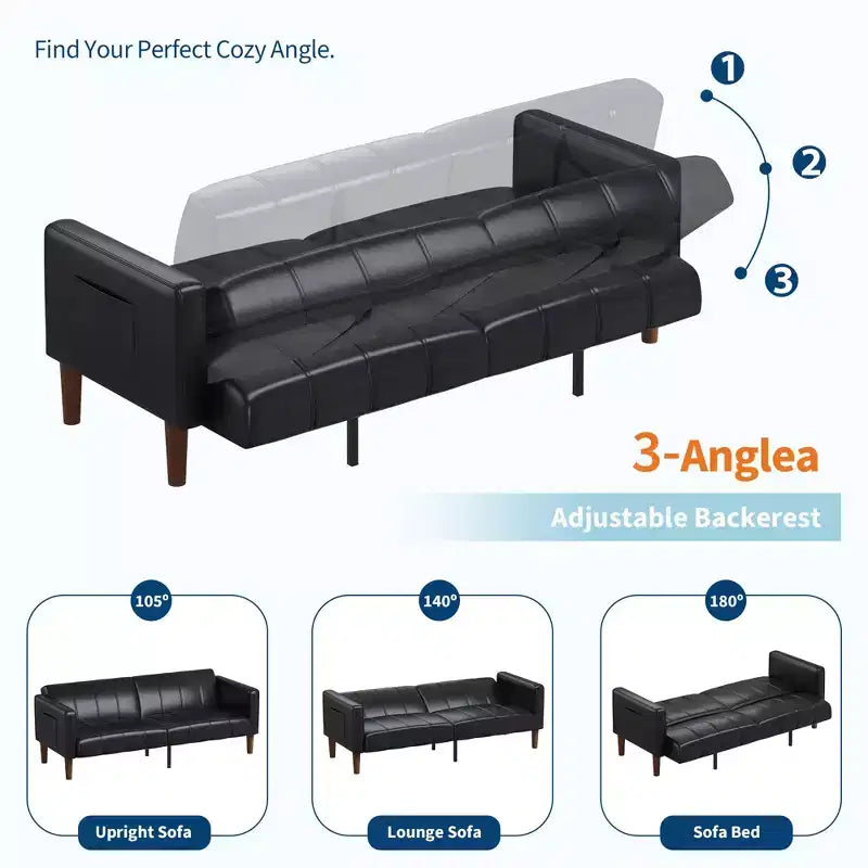 Canapé-lit futon 75 po, convertible, en similicuir, petit canapé, causeuse, canapé de style moderne du milieu du siècle pour salon et chambre à coucher