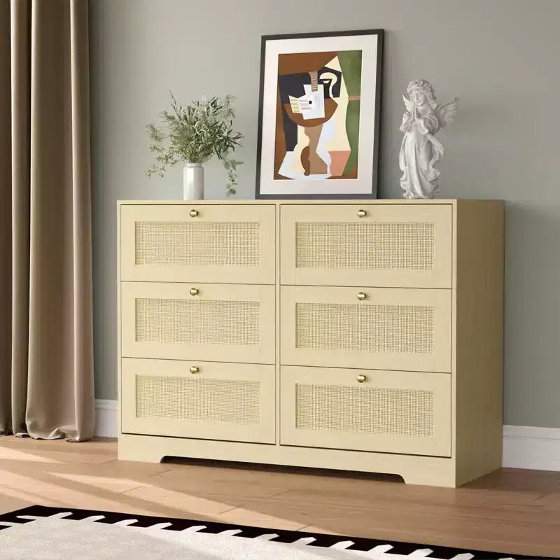 Commode bohème moderne à 6 tiroirs avec pieds en bois massif, long meuble de rangement pour chambre et salon