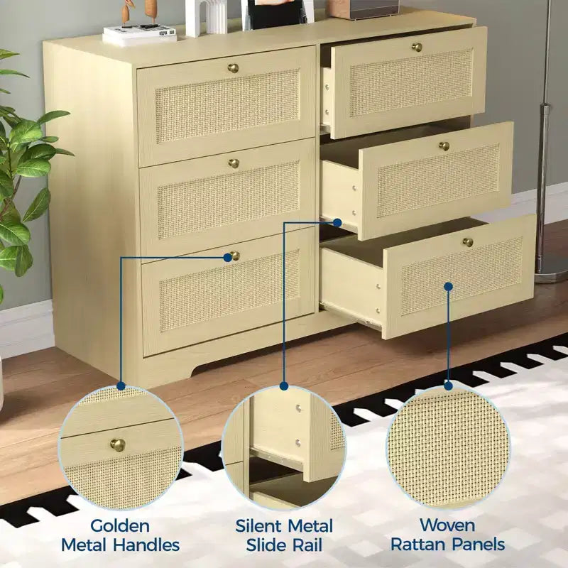Commode bohème moderne à 6 tiroirs avec pieds en bois massif, long meuble de rangement pour chambre et salon