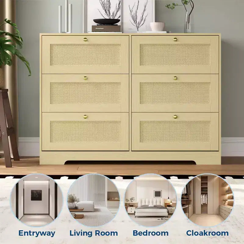 Commode bohème moderne à 6 tiroirs avec pieds en bois massif, long meuble de rangement pour chambre et salon