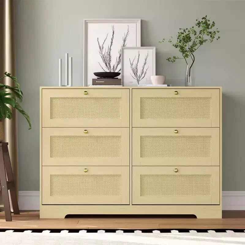 Commode bohème moderne à 6 tiroirs avec pieds en bois massif, long meuble de rangement pour chambre et salon