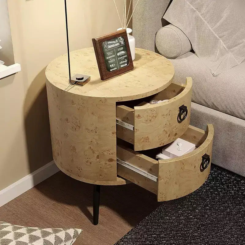 Table d'appoint ronde avec tiroirs Table de chevet moderne avec rangement Table d'appoint en bois avec pieds en métal pour salon, chambre à coucher