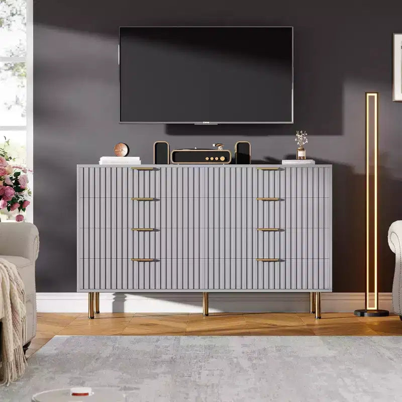 Commode 8 tiroirs pour chambre à coucher, 140 cm de large, en bois moderne, design anti-basculement, organisateur de rangement robuste pour salon, entrée, chambre d'enfant