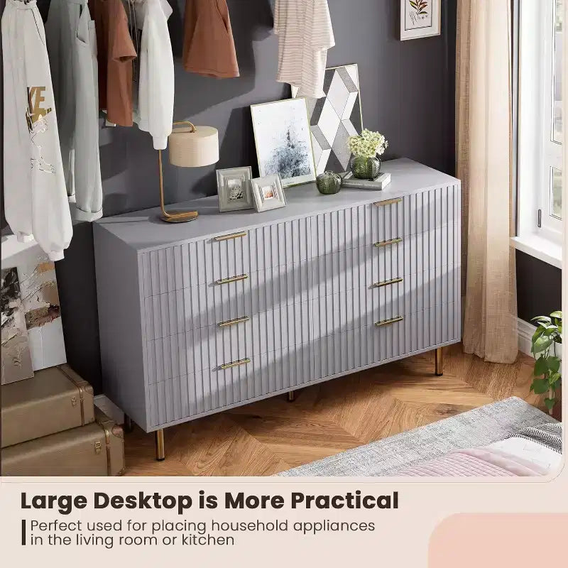 Commode 8 tiroirs pour chambre à coucher, 140 cm de large, en bois moderne, design anti-basculement, organisateur de rangement robuste pour salon, entrée, chambre d'enfant