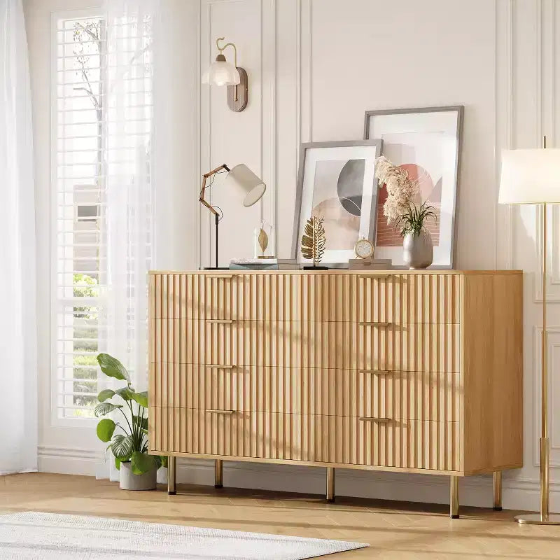 Commode 8 tiroirs pour chambre à coucher, 140 cm de large, en bois moderne, design anti-basculement, organisateur de rangement robuste pour salon, entrée, chambre d'enfant