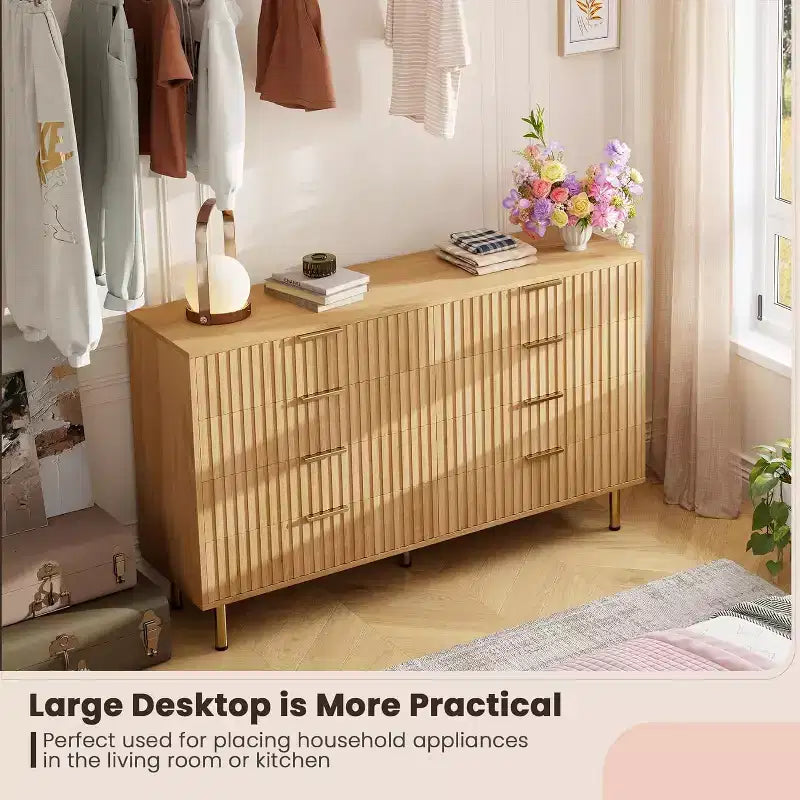 Commode 8 tiroirs pour chambre à coucher, 140 cm de large, en bois moderne, design anti-basculement, organisateur de rangement robuste pour salon, entrée, chambre d'enfant