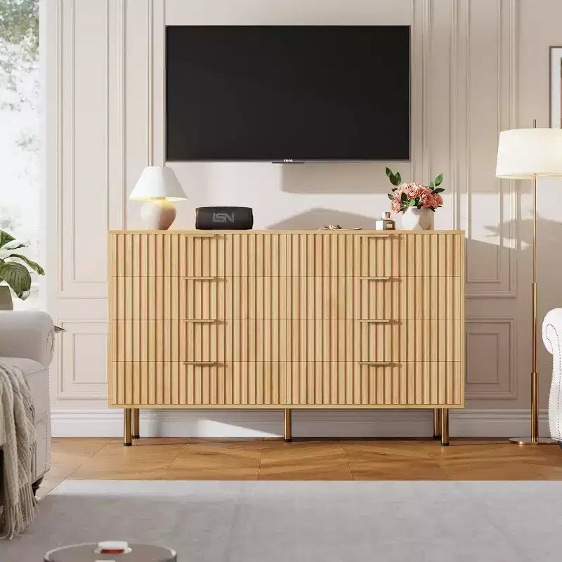 Commode 8 tiroirs pour chambre à coucher, 140 cm de large, en bois moderne, design anti-basculement, organisateur de rangement robuste pour salon, entrée, chambre d'enfant