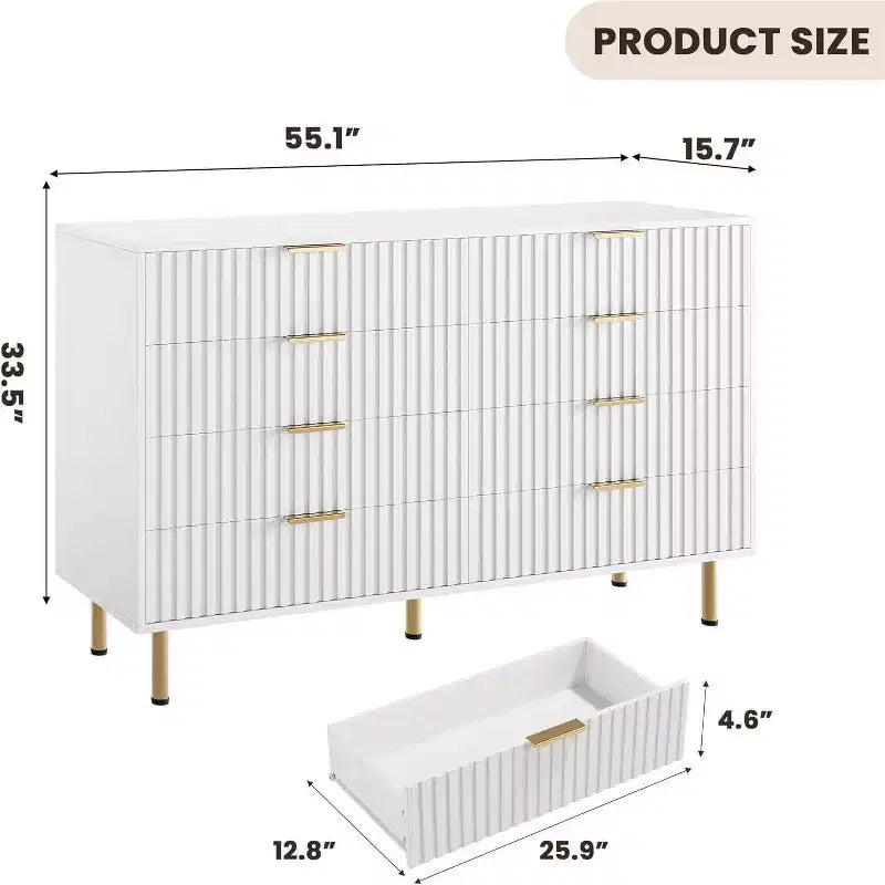 Commode 8 tiroirs pour chambre à coucher, 140 cm de large, en bois moderne, design anti-basculement, organisateur de rangement robuste pour salon, entrée, chambre d'enfant
