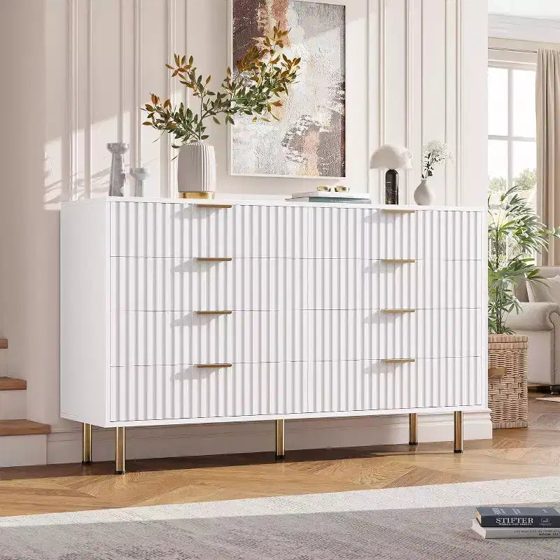 Commode 8 tiroirs pour chambre à coucher, 140 cm de large, en bois moderne, design anti-basculement, organisateur de rangement robuste pour salon, entrée, chambre d'enfant