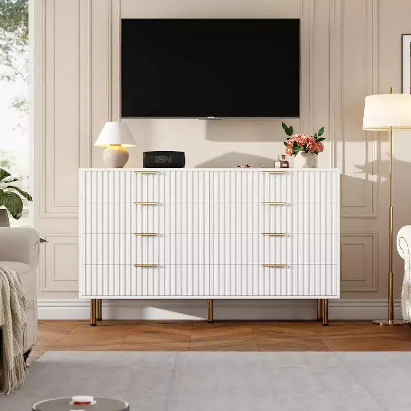 Commode 8 tiroirs pour chambre à coucher, 140 cm de large, en bois moderne, design anti-basculement, organisateur de rangement robuste pour salon, entrée, chambre d'enfant