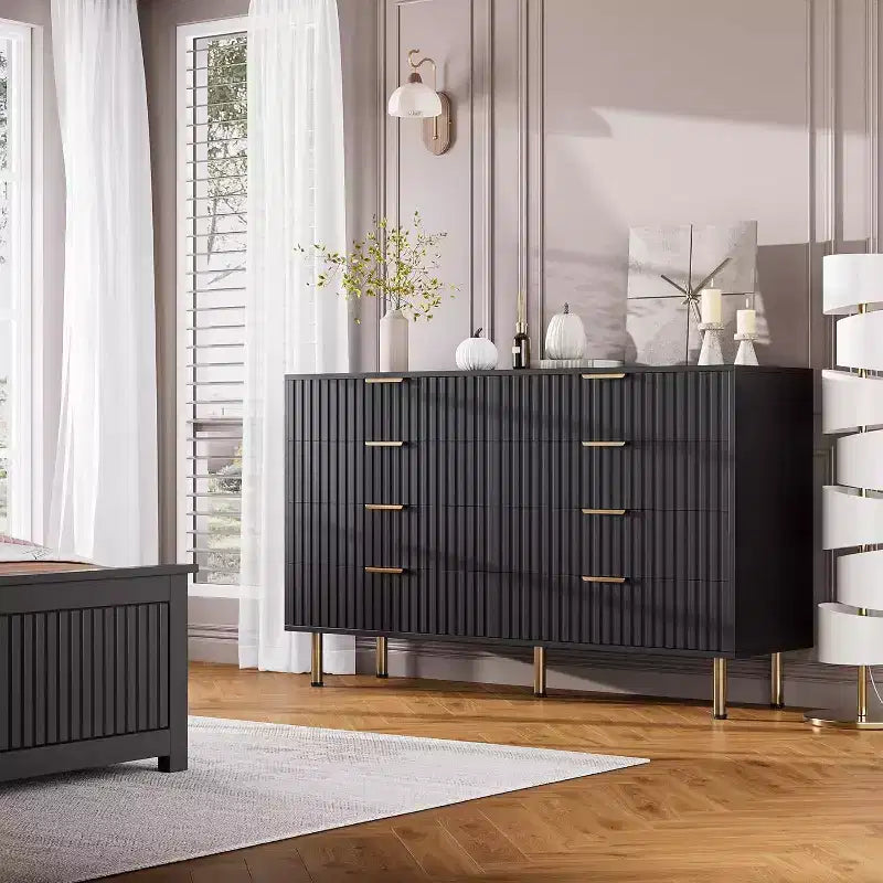 Commode 8 tiroirs pour chambre à coucher, 140 cm de large, en bois moderne, design anti-basculement, organisateur de rangement robuste pour salon, entrée, chambre d'enfant