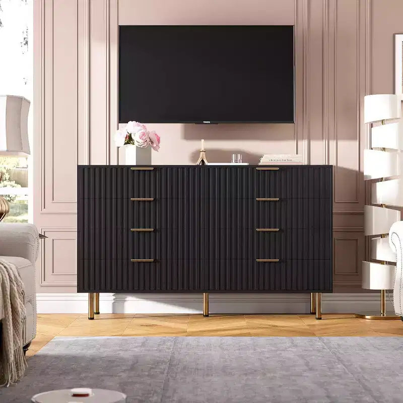 Commode 8 tiroirs pour chambre à coucher, 140 cm de large, en bois moderne, design anti-basculement, organisateur de rangement robuste pour salon, entrée, chambre d'enfant
