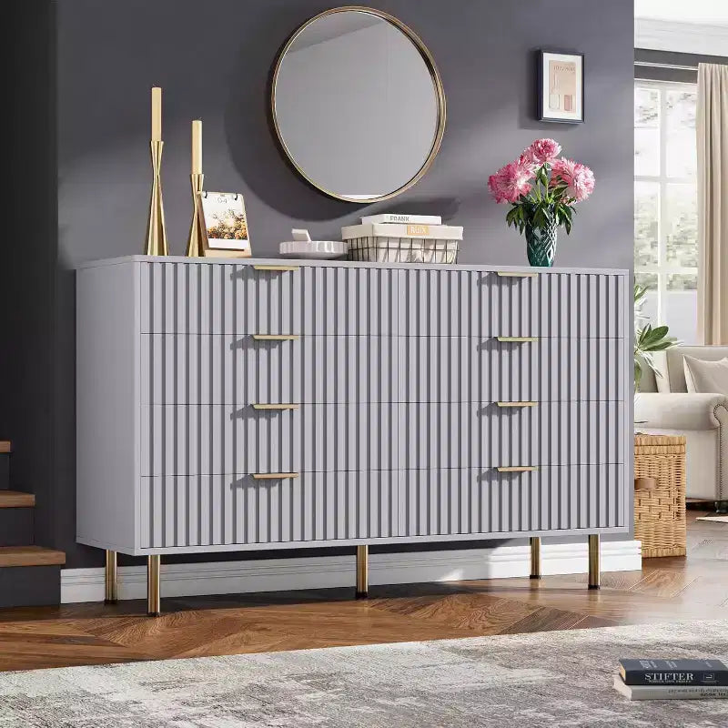 Commode 8 tiroirs pour chambre à coucher, 140 cm de large, en bois moderne, design anti-basculement, organisateur de rangement robuste pour salon, entrée, chambre d'enfant