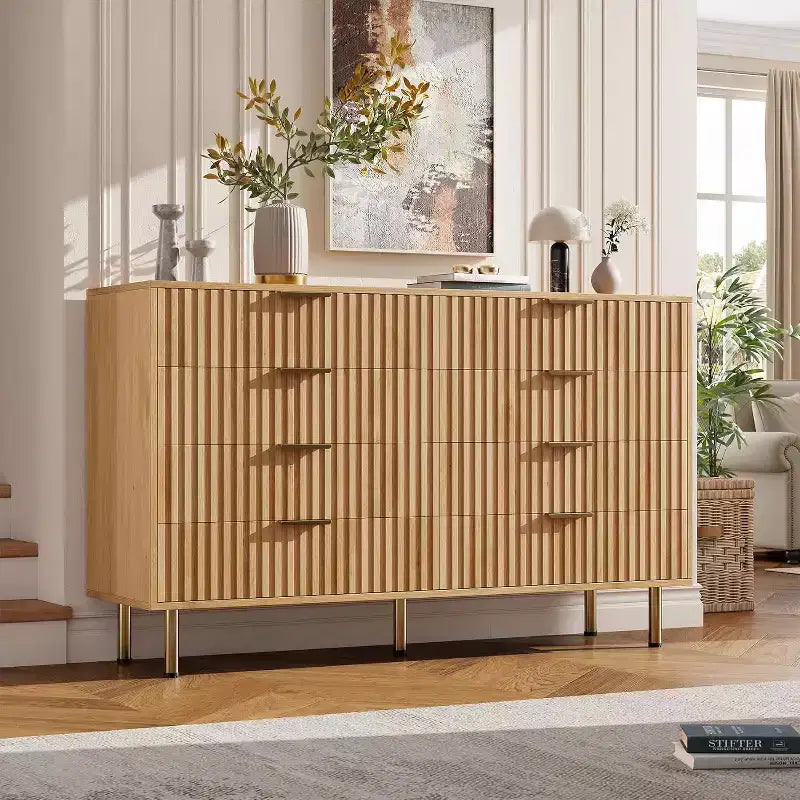 Commode 8 tiroirs pour chambre à coucher, 140 cm de large, en bois moderne, design anti-basculement, organisateur de rangement robuste pour salon, entrée, chambre d'enfant