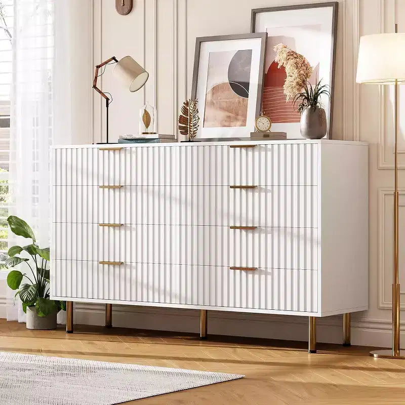 Commode 8 tiroirs pour chambre à coucher, 140 cm de large, en bois moderne, design anti-basculement, organisateur de rangement robuste pour salon, entrée, chambre d'enfant