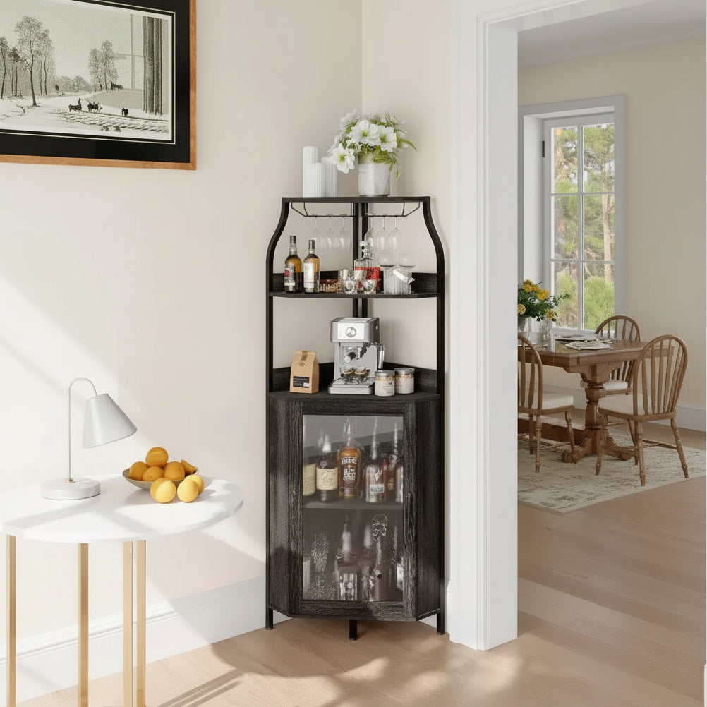 Meuble d'angle de bar de 68 pouces, armoire à vin industrielle à 5 niveaux, porte-verre et porte-bouteilles pour petit espace, 12 couleurs, porte en verre trempé pour cuisine, salon
