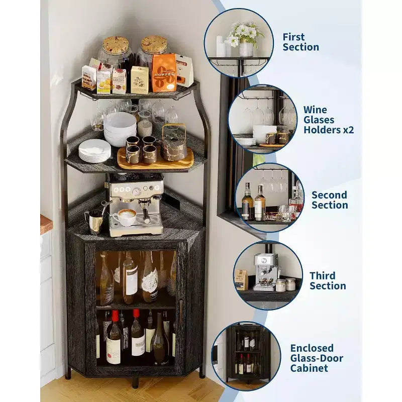 Meuble d'angle de bar de 68 pouces, armoire à vin industrielle à 5 niveaux, porte-verre et porte-bouteilles pour petit espace, 12 couleurs, porte en verre trempé pour cuisine, salon