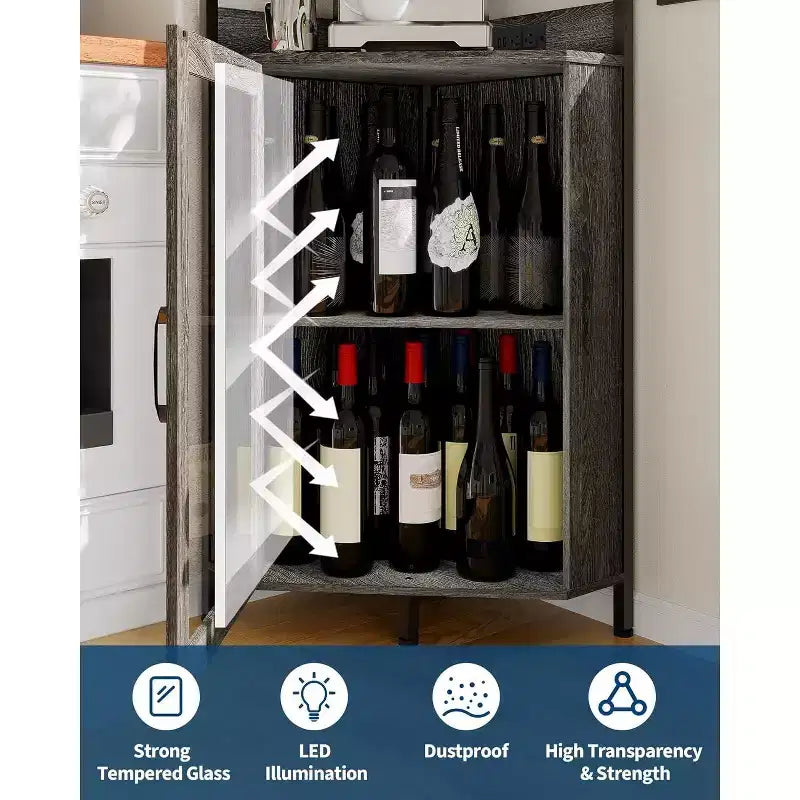 Meuble d'angle de bar de 68 pouces, armoire à vin industrielle à 5 niveaux, porte-verre et porte-bouteilles pour petit espace, 12 couleurs, porte en verre trempé pour cuisine, salon