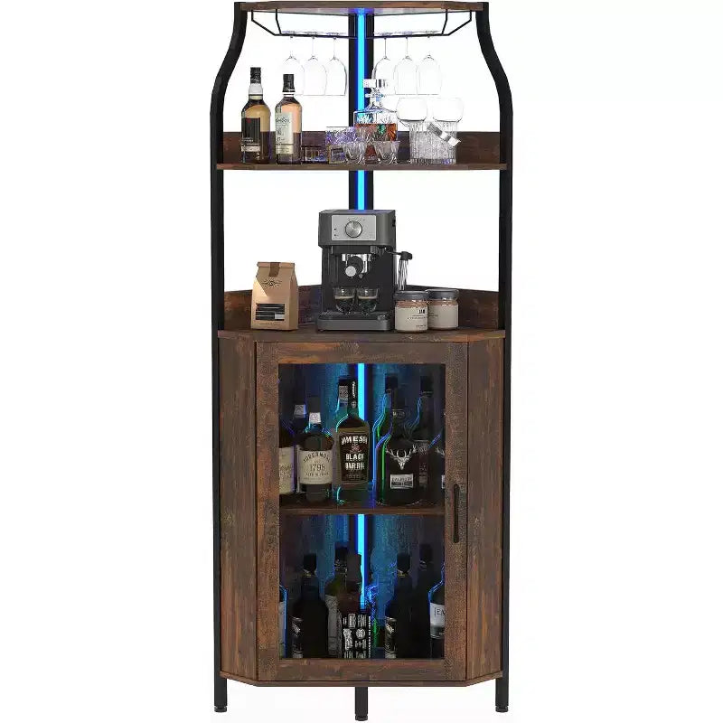 Meuble d'angle de bar de 68 pouces, armoire à vin industrielle à 5 niveaux, porte-verre et porte-bouteilles pour petit espace, 12 couleurs, porte en verre trempé pour cuisine, salon