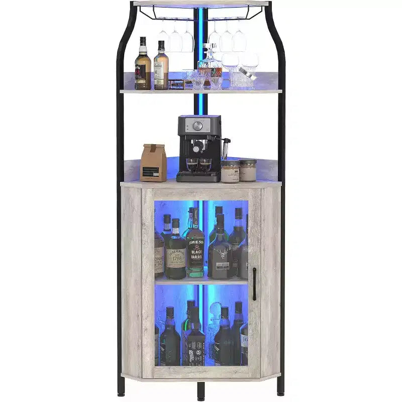 Meuble d'angle de bar de 68 pouces, armoire à vin industrielle à 5 niveaux, porte-verre et porte-bouteilles pour petit espace, 12 couleurs, porte en verre trempé pour cuisine, salon