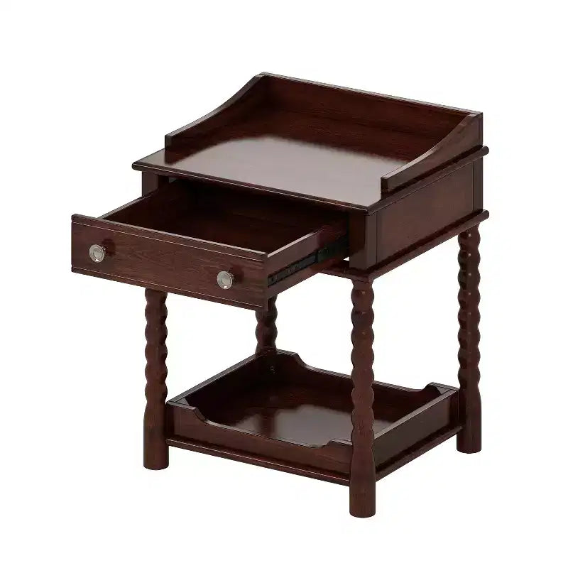Table de chevet rétro avec tiroir et étagère ouverte, table de chevet avec pieds tournés et poignée en métal, table d'appoint pour chambre à coucher